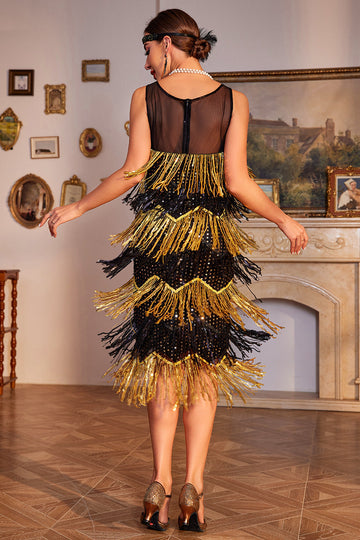 Złote Frędzle Flapper Wielka Sukienka Gatsby Z Cekinami